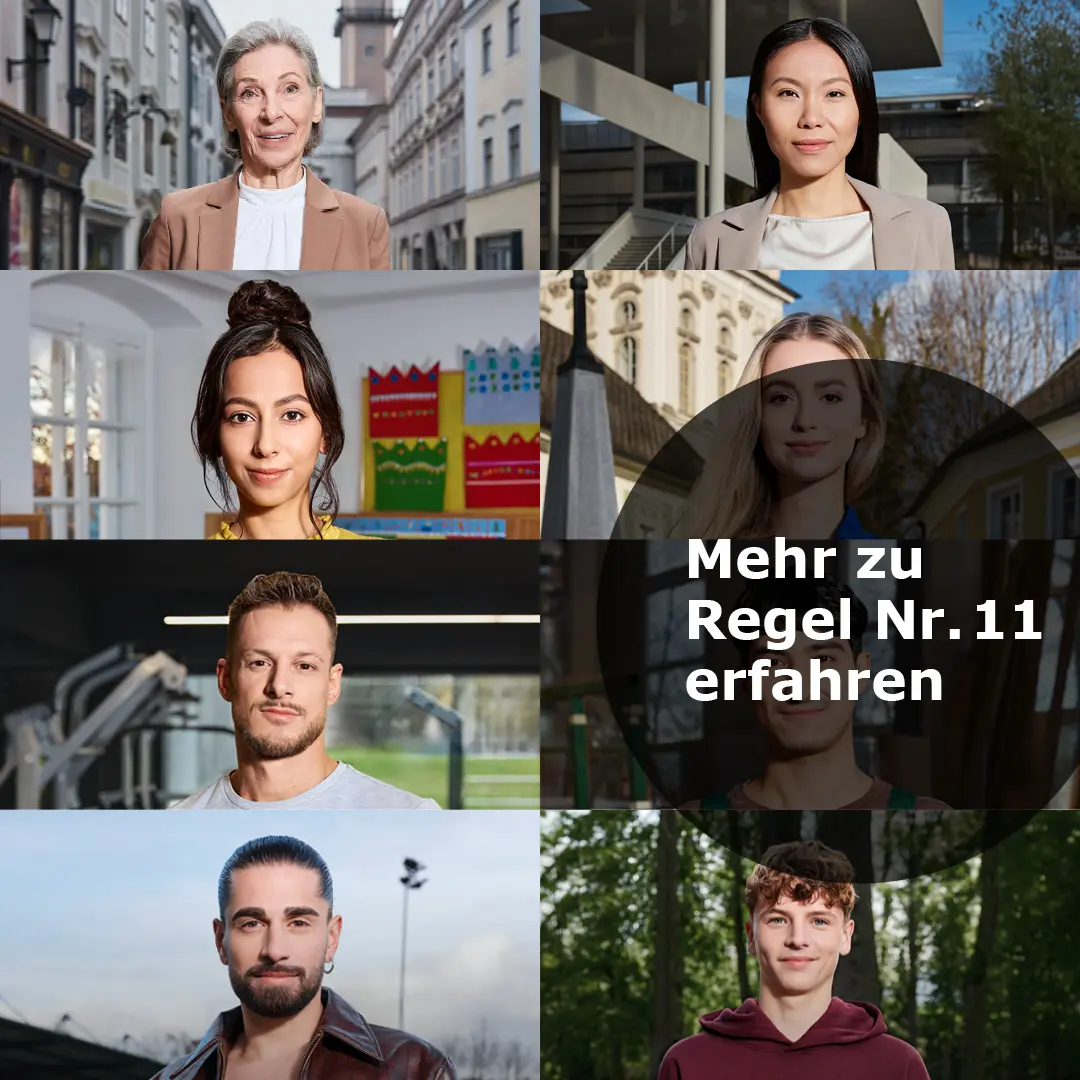 Porträts von acht vielfältigen Personen, einige im Freien, andere drinnen, mit einem Textkreis