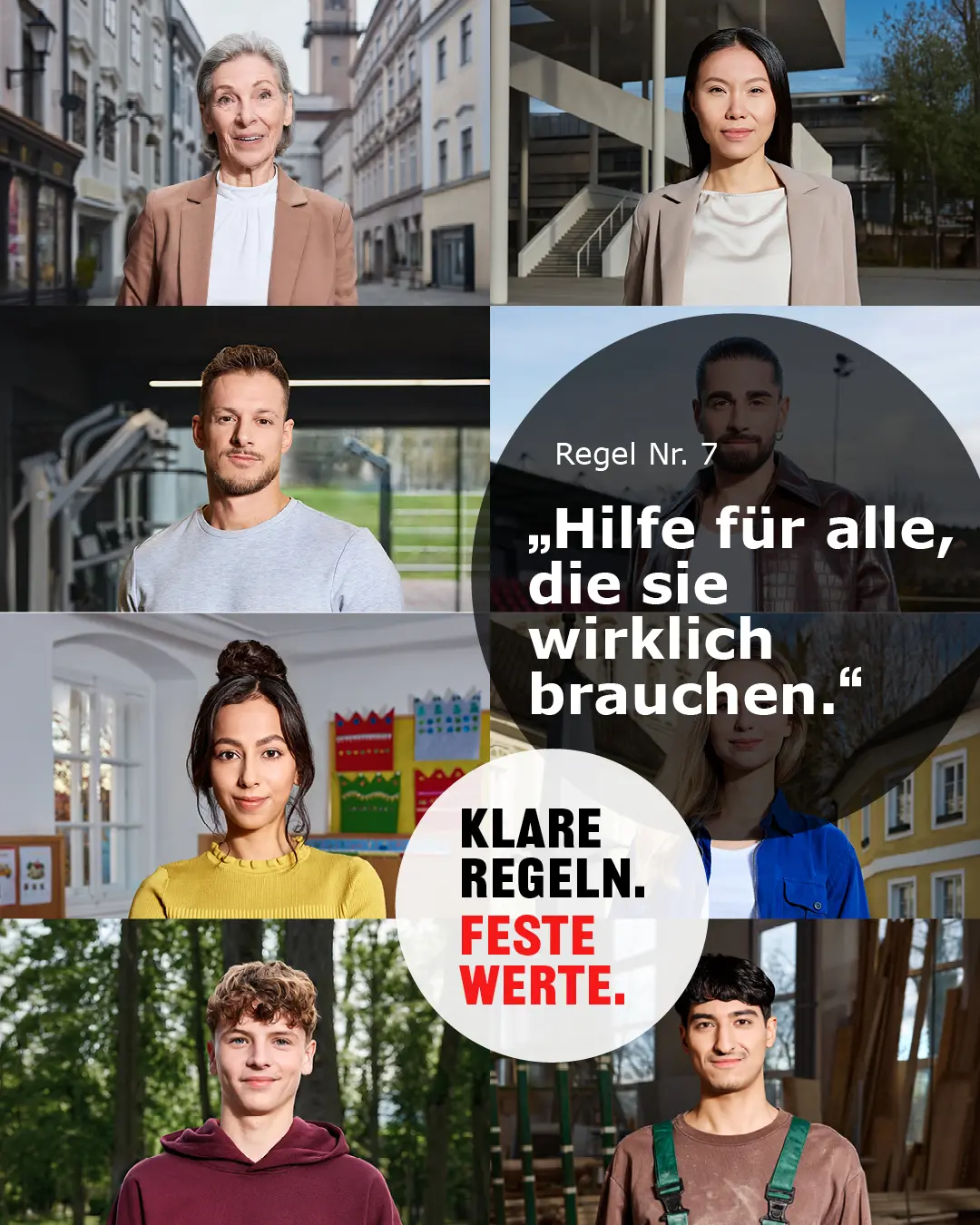 Porträts von acht verschiedenen Menschen aus verschiedenen Umgebungen, darunter Stadt, Büro, Sporthalle und Natur, mit Text 